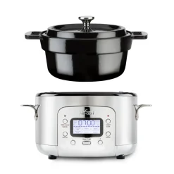 Stainless Steel 6-in-1 Digital Slow Cooker with Enameled Cast Iron Pot; 5 quart