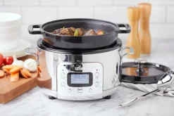 Stainless Steel 6-in-1 Digital Slow Cooker with Enameled Cast Iron Pot; 5 quart